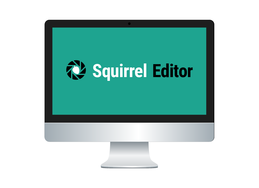 The Squirrel Editor logo displayed on a desktop computer screen