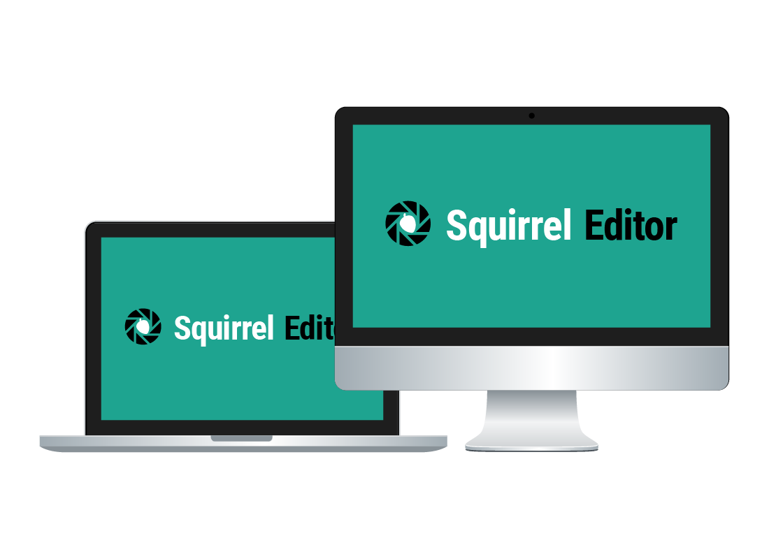 A laptop and desktop computer displaying photo editing software called Squirrel Editor