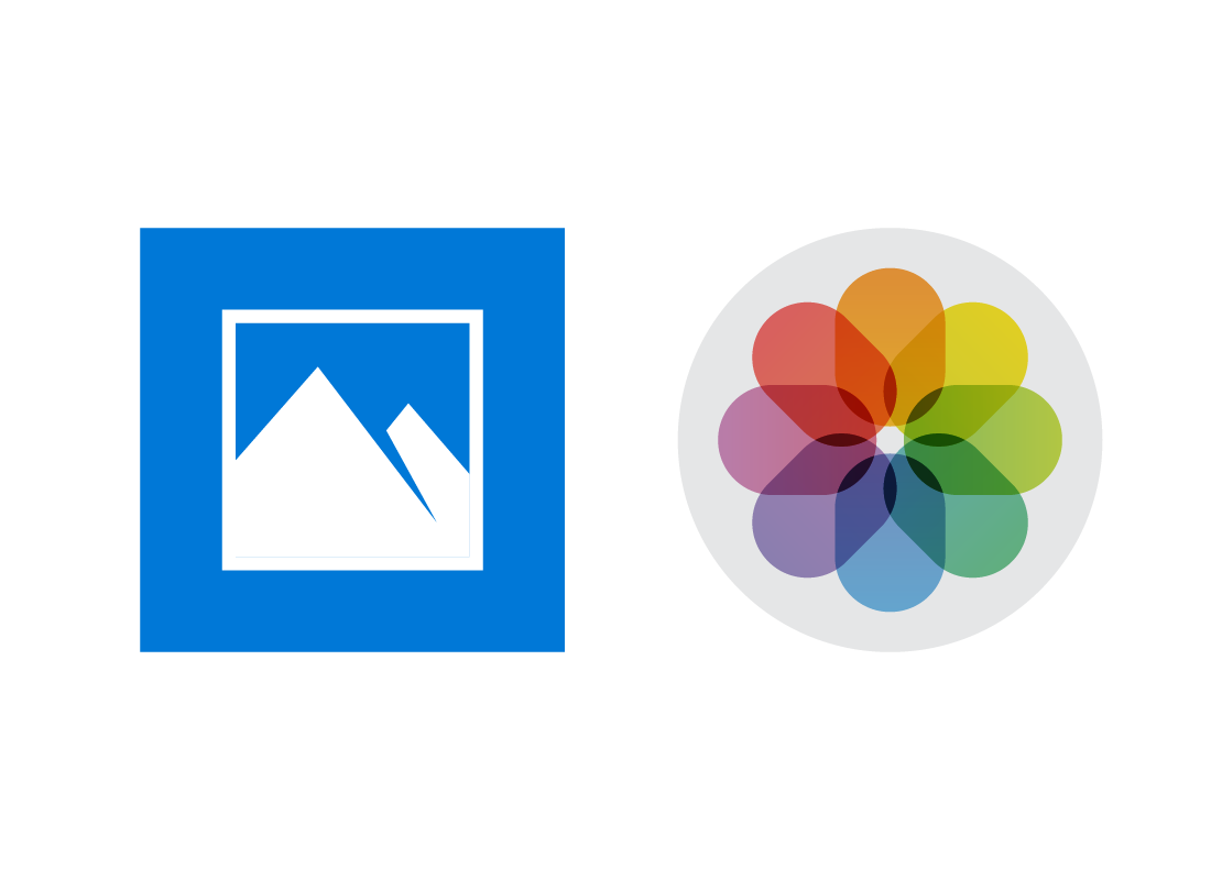 The two icons for the Photos app on a Windows computer and an Apple computer