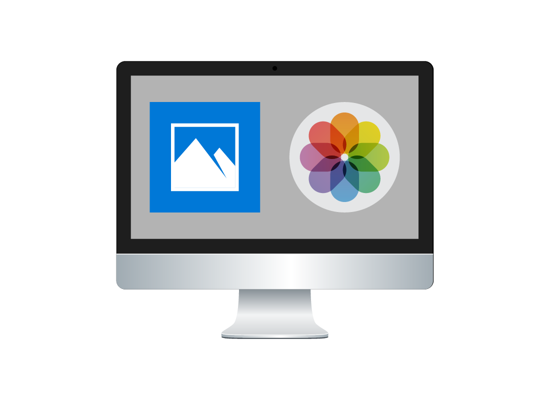 The logos for the Photos app on a Windows and Apple computer