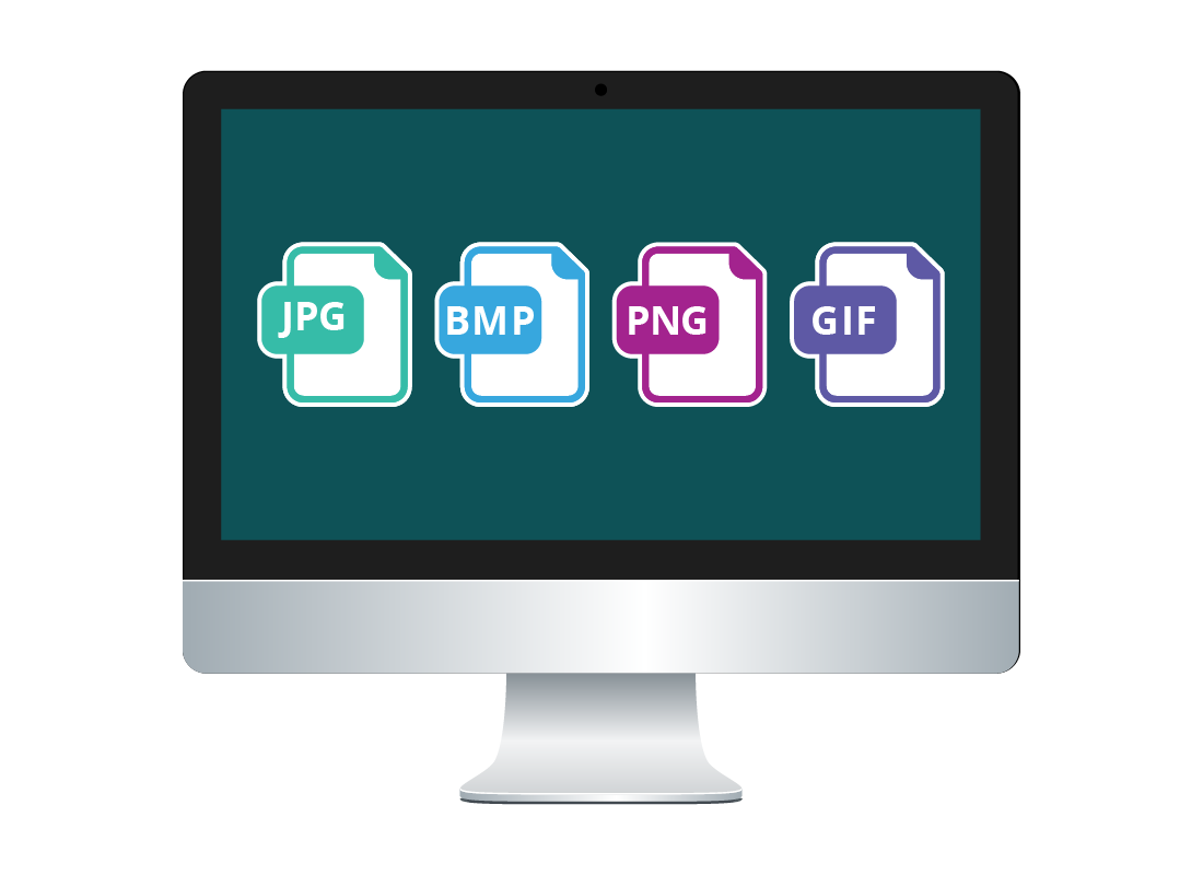 A computer screen displaying different photo file types, including JPG, BMP, PNG and GIF