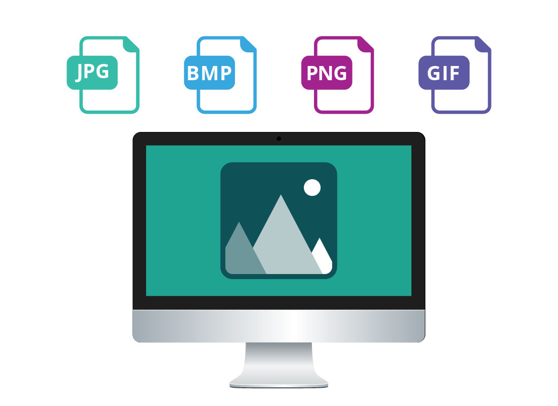 A computer screen and some common image file types including JPG, BMP, PNG and GIF