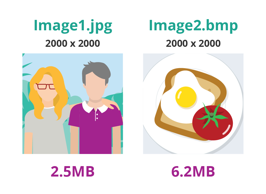 A comparison of how much information is displayed in a 2,000 x 2000 pixel photo as a JPG and then as a BMP, resulting in a JPG size of 2.5MB, but 6.2MB for a BMP