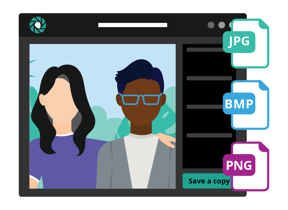 A graphic showing the file type options in a typical photo editor, including JPG, BMP and PNG