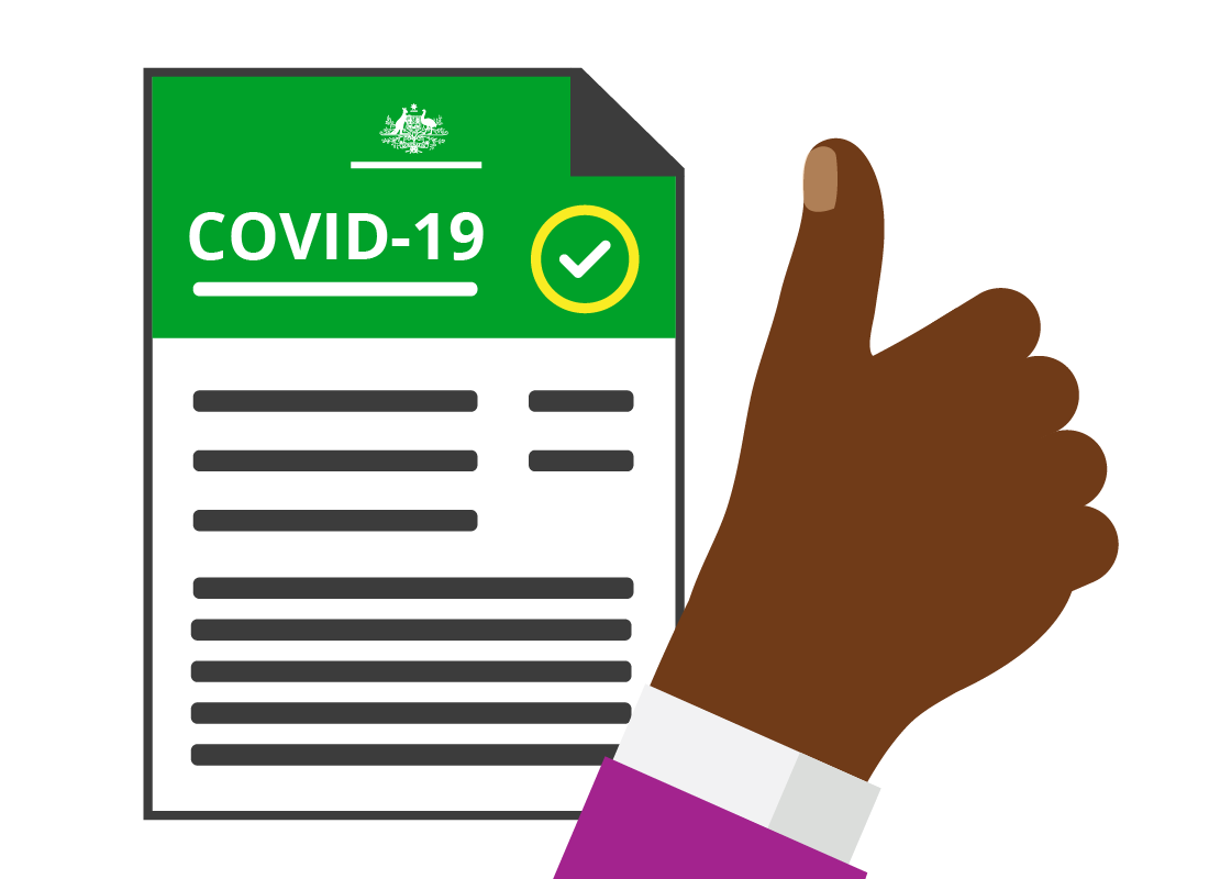 A Covid-19 digital certificate with a thumbs up next to it