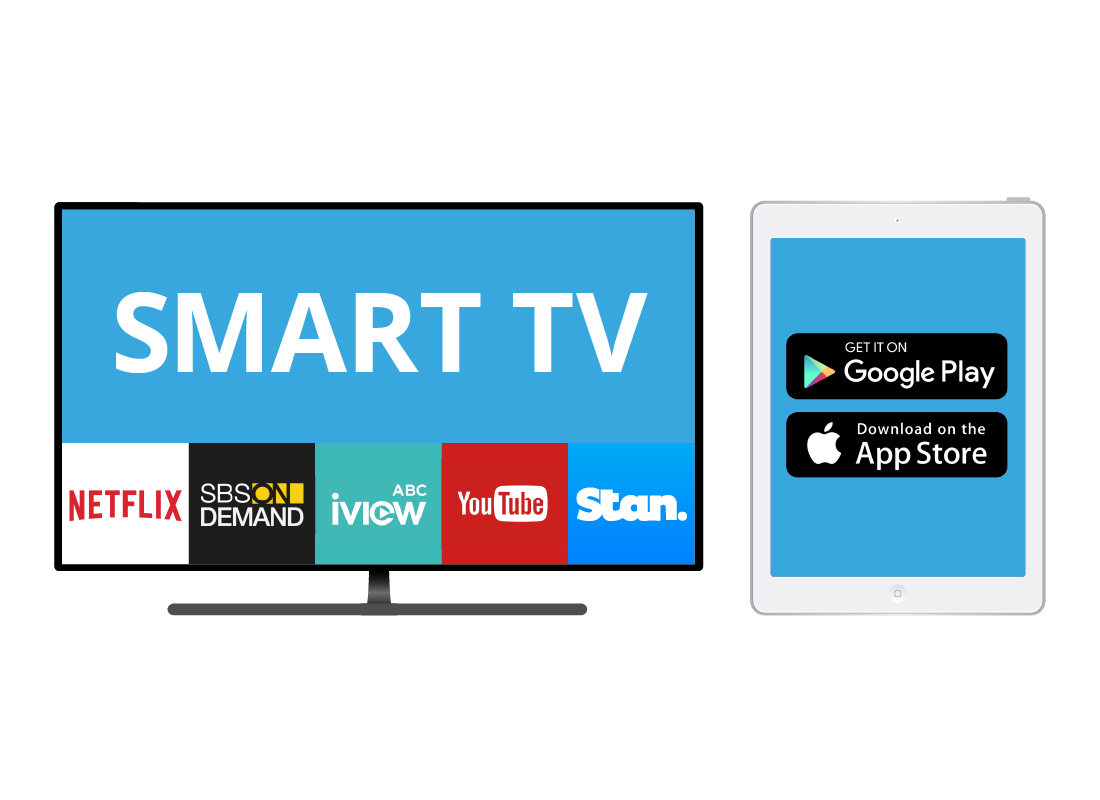 A graphic of a smart TV and tablet displaying some of the different apps available to stream content