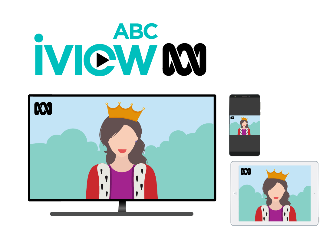A smart TV, mobile phone and tablet all displaying ABC iView content via the internet.