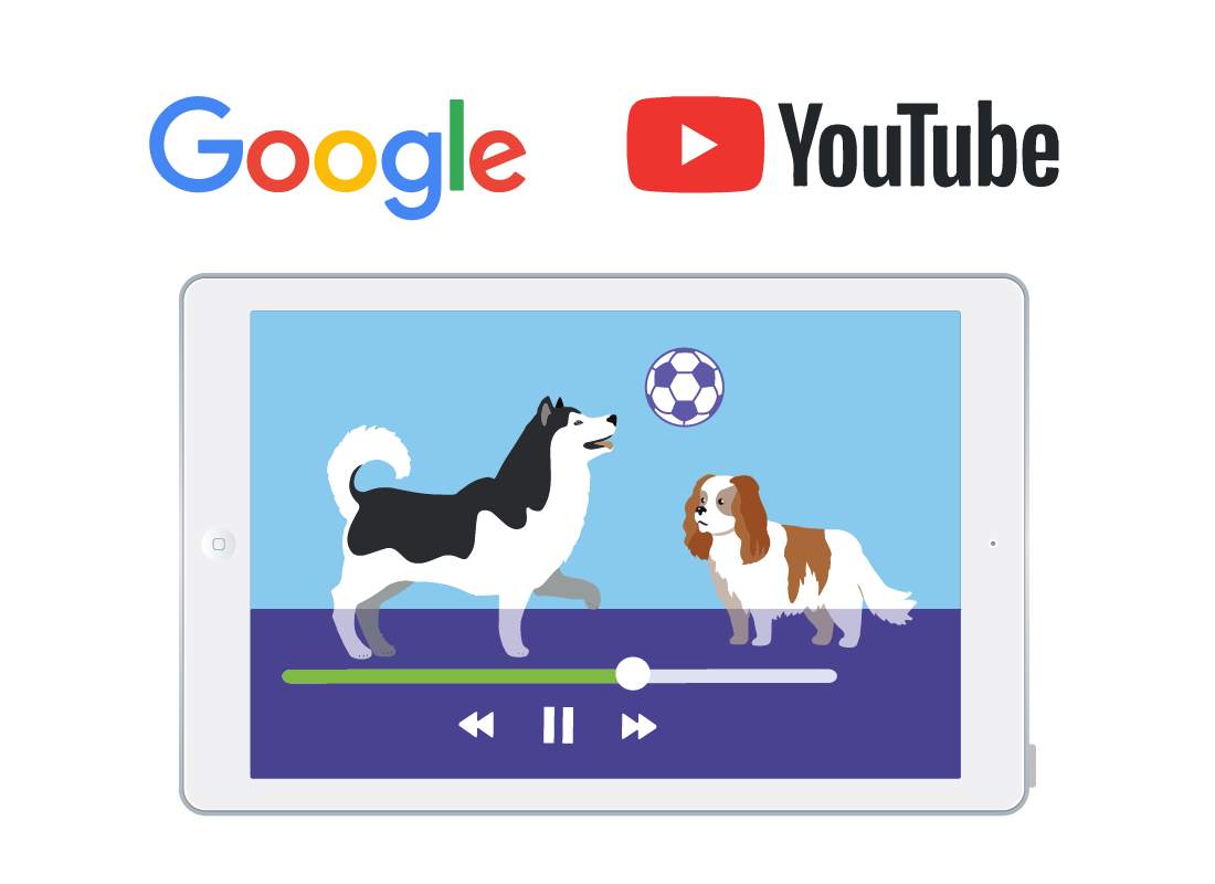A tablet displaying a YouTube video of two dogs playing with a ball