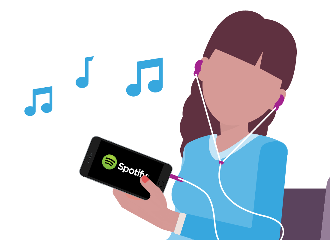 A graphic of a girl enjoying Spotify on her smart phone