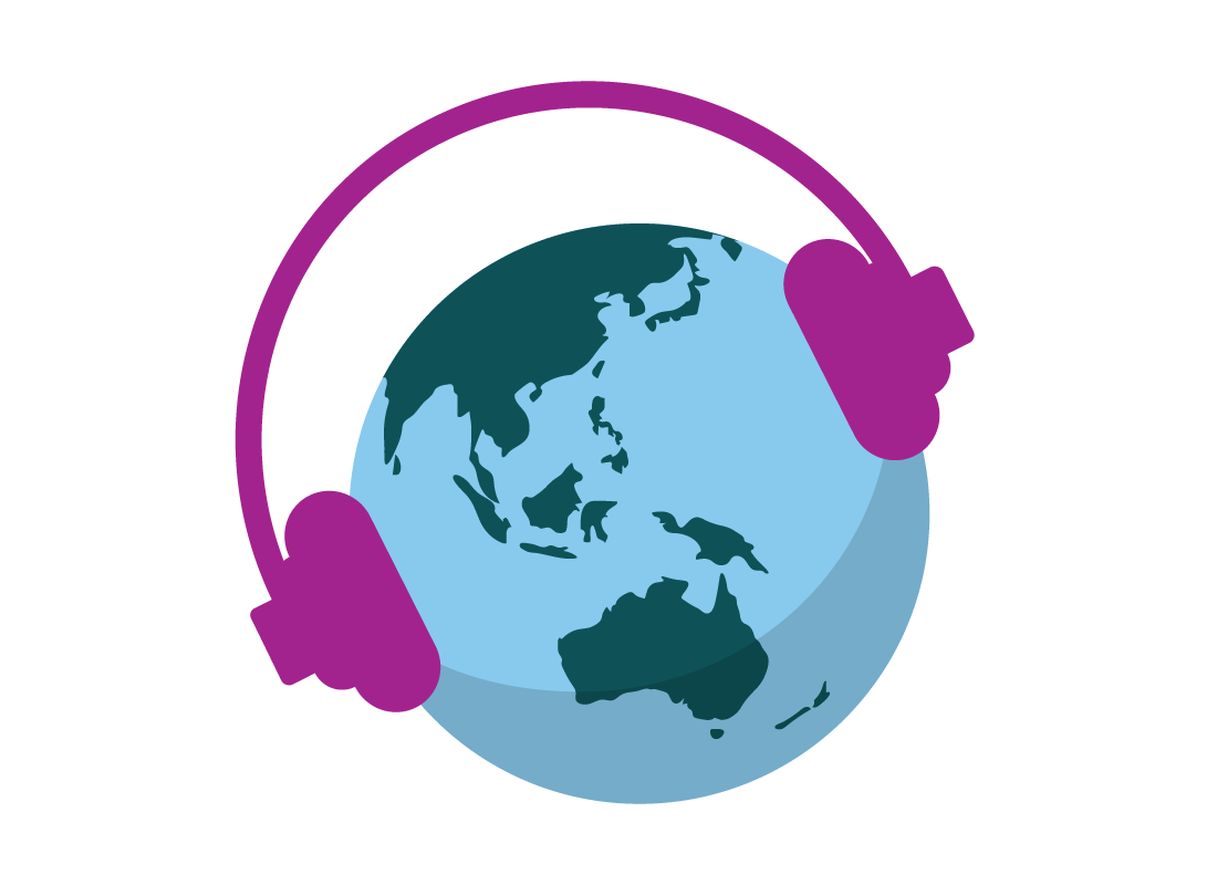 A graphic of the planet earth wearing headphones