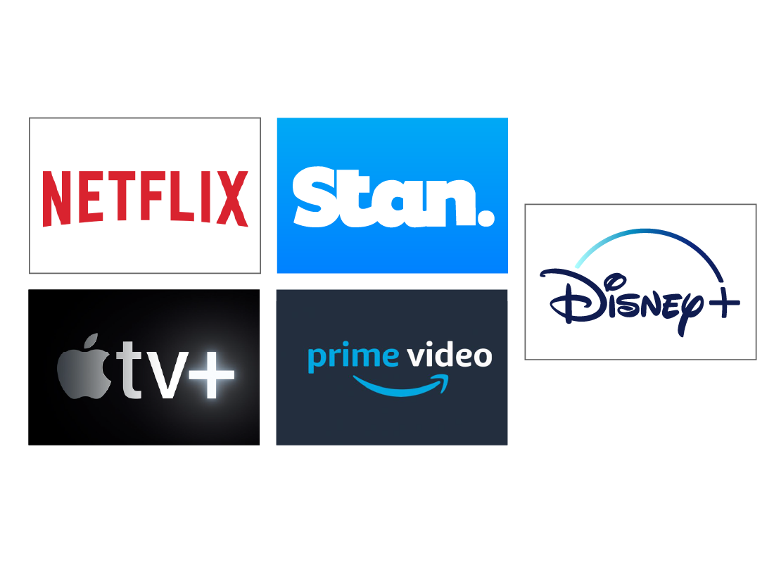 Some of the paid TV streaming services' logos, including Netflix, Stan, Apple tv+, Amazon Prime and Disney+
