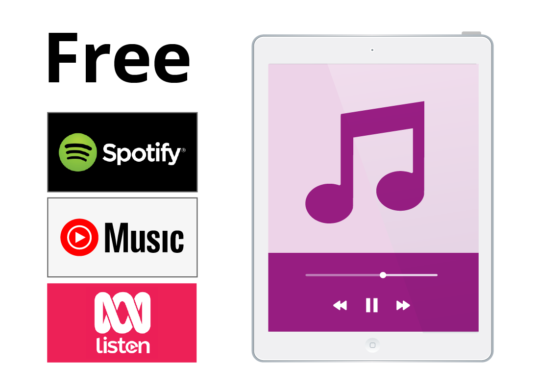A tablet playing music from one of the major music streaming companies, including Spotify, YouTube Music and ABC listen