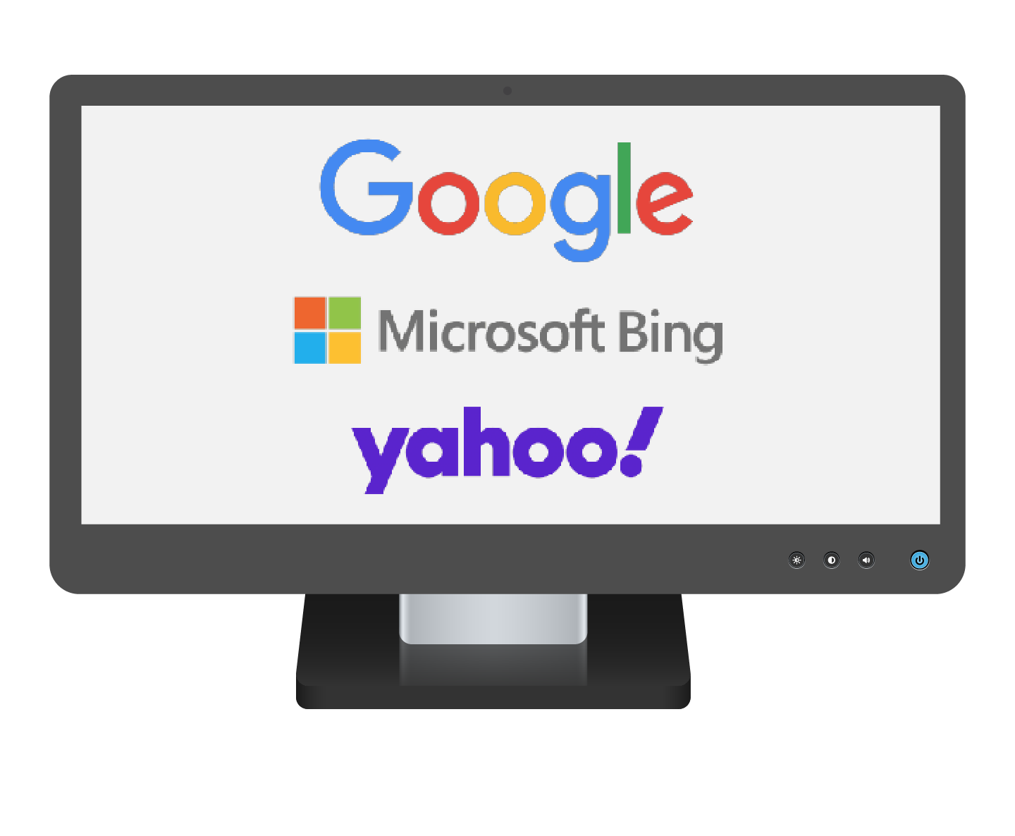 Un computer desktop che mostra i loghi di Google, Microsoft Bing e Yahoo!