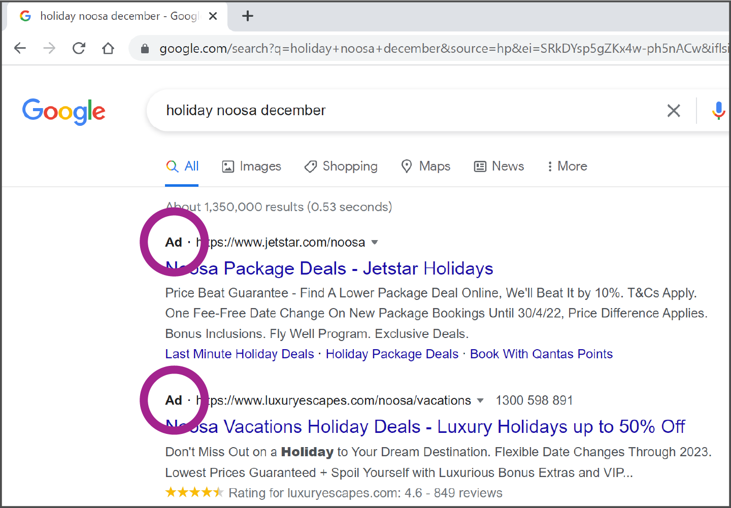 Google search results page with advertisements at the top