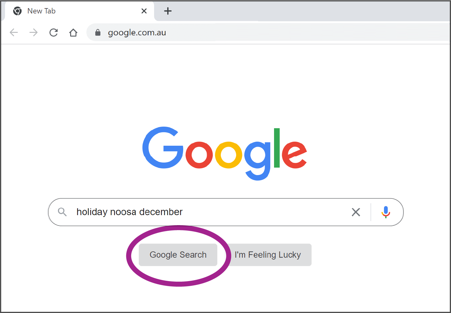 Un término de búsqueda escrito en el cuadro, y el botón de Buscar con Google (Google Search) resaltado