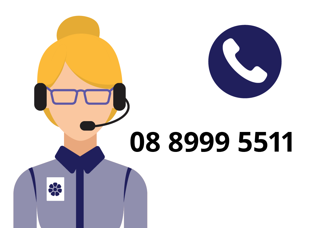 An illustration of a call centre staff member alongside the NT government's phone number: 08,8999,5511