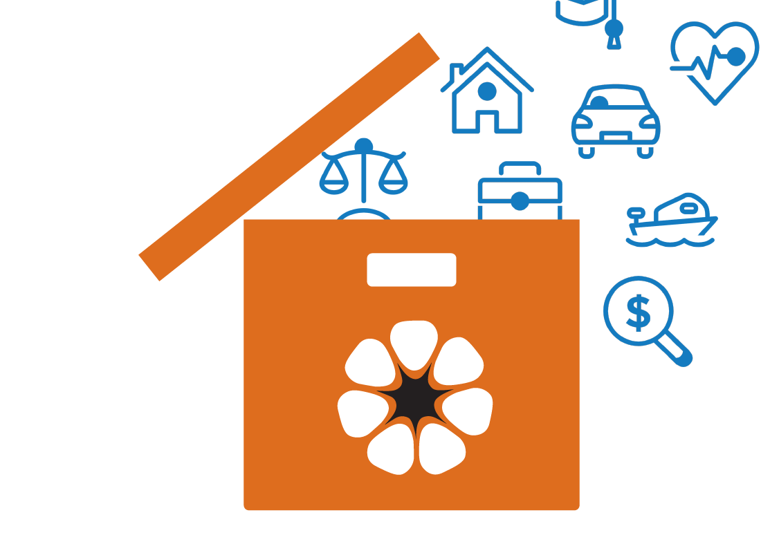 An illustration of a box, marked with the NT government logo, full of icons representing essential services