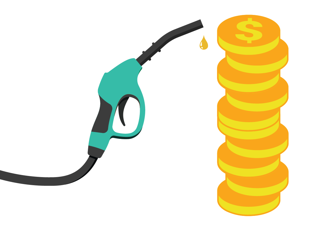 An illustration of a petrol bowser and a stack of dollar coins