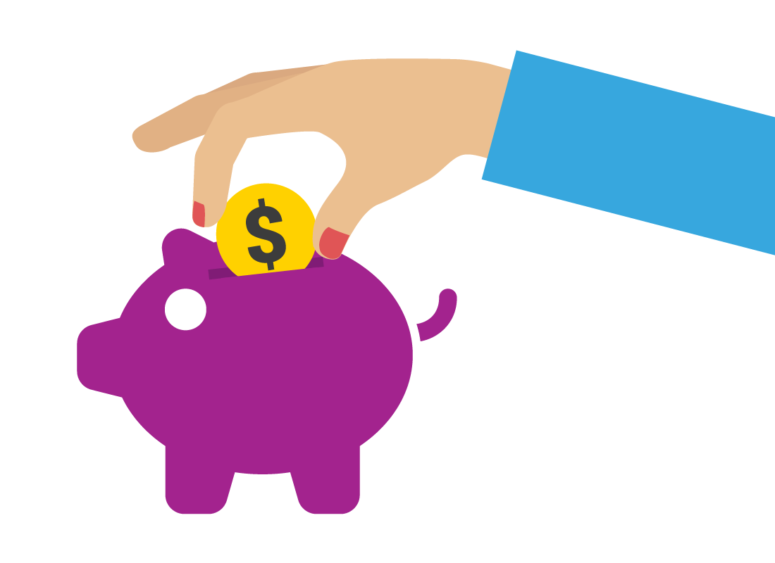 An illustration of a hand adding a dollar coin to a piggy bank