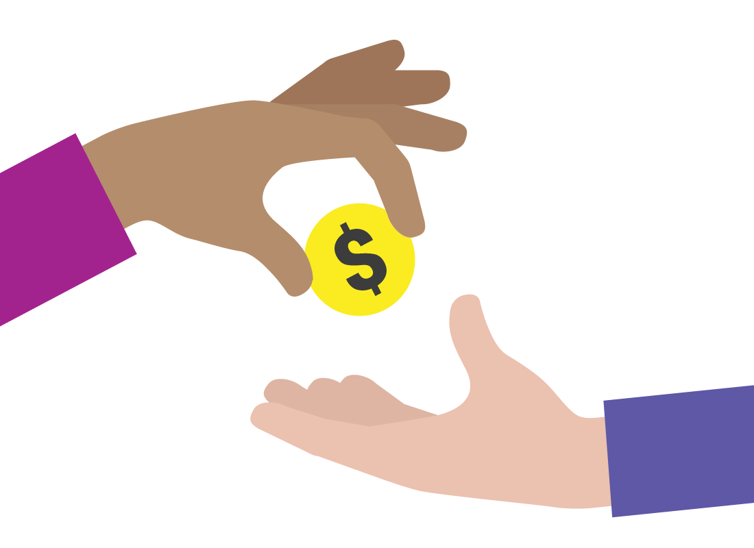 An illustration of a dollar coin being passed from one person to another