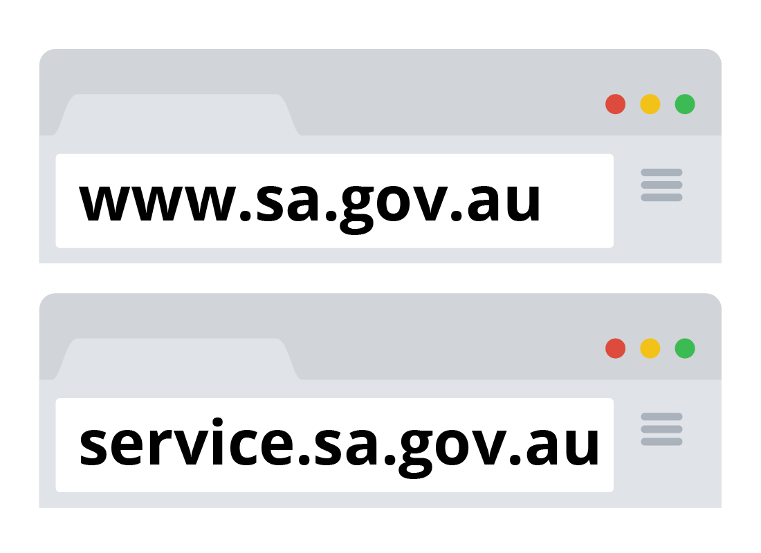 Illustrations of two web addresses: www.sa.gov.au and service.sa.gov.au
