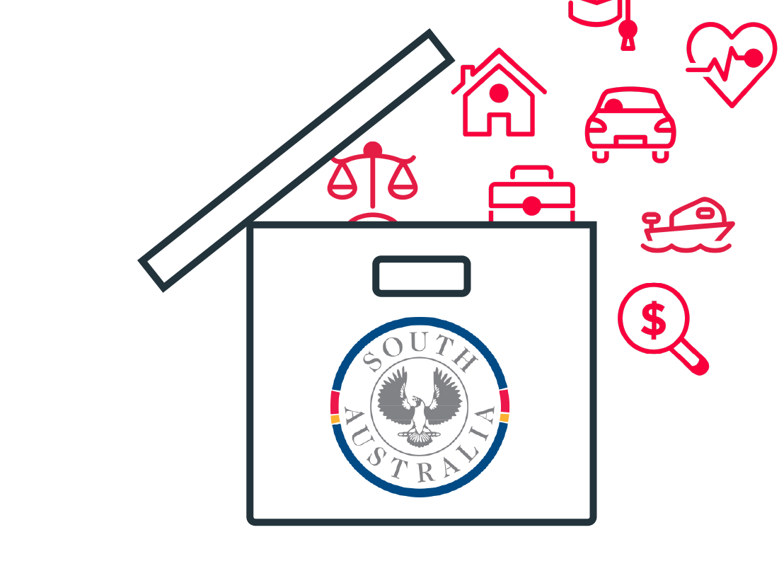 An illustration of a box with the SA government logo on it, filled with icons of essential services