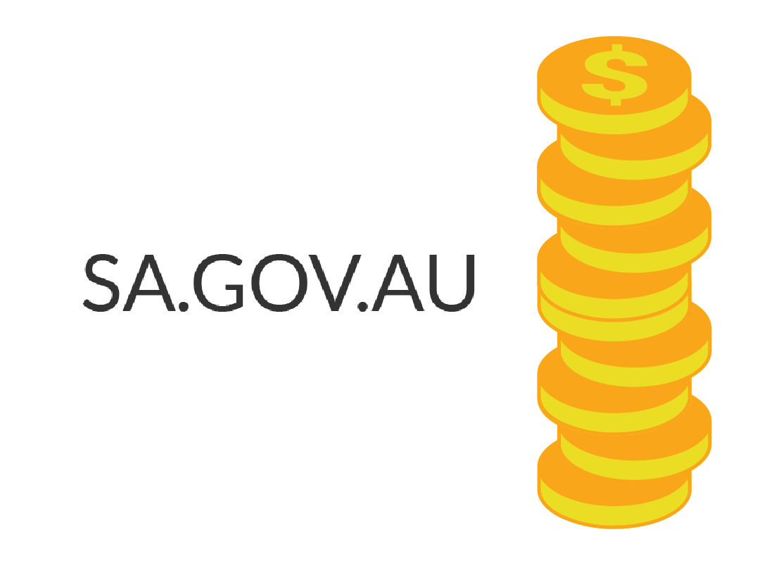 An illustration of the SA.GOV.AU address next to a stack of dollar coins