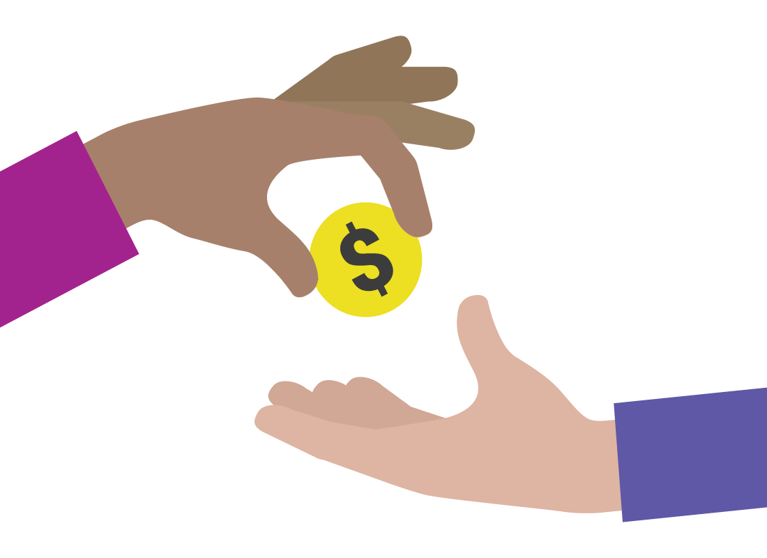 An illustration of a dollar coin being passed between two people