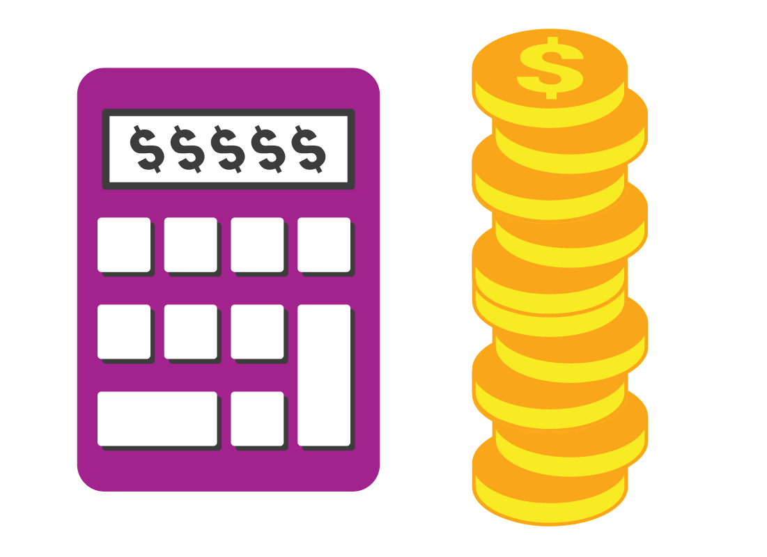 An illustration of a calculator next to a stack of dollar coins