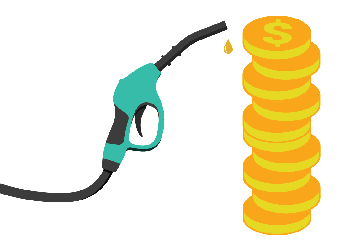 An illustration of a petrol bowser and a stack of dollar coins
