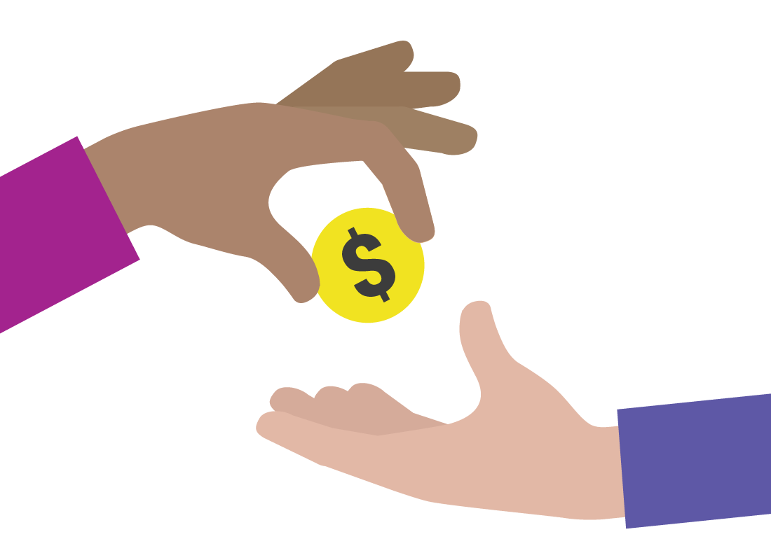 An illustration of a dollar being passed between two people