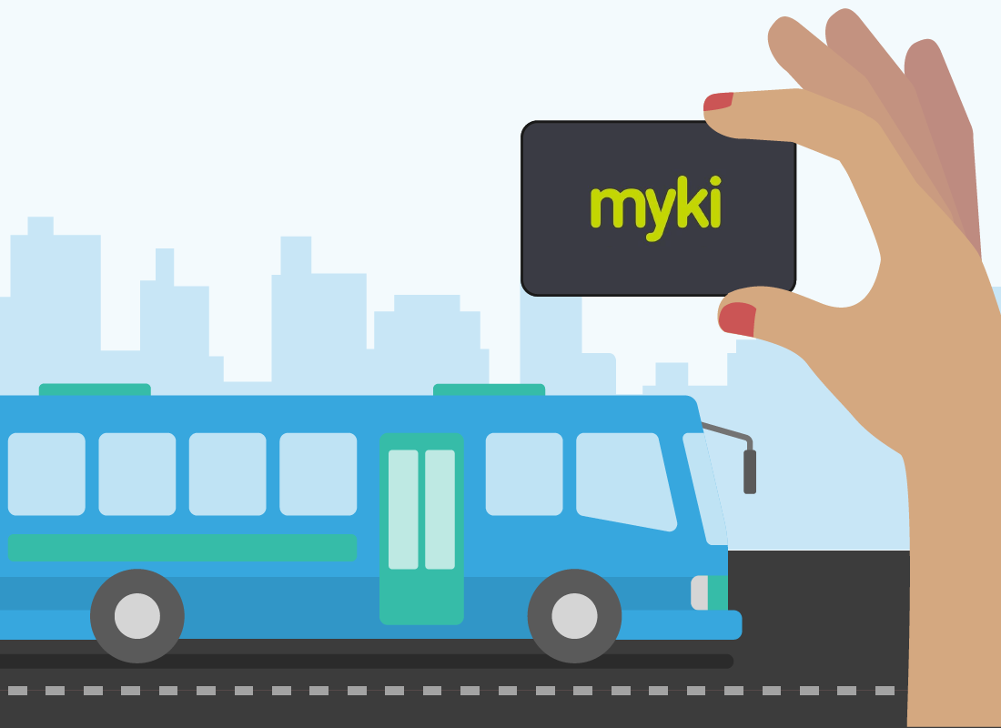 A hand holding a Myki card and a bus.