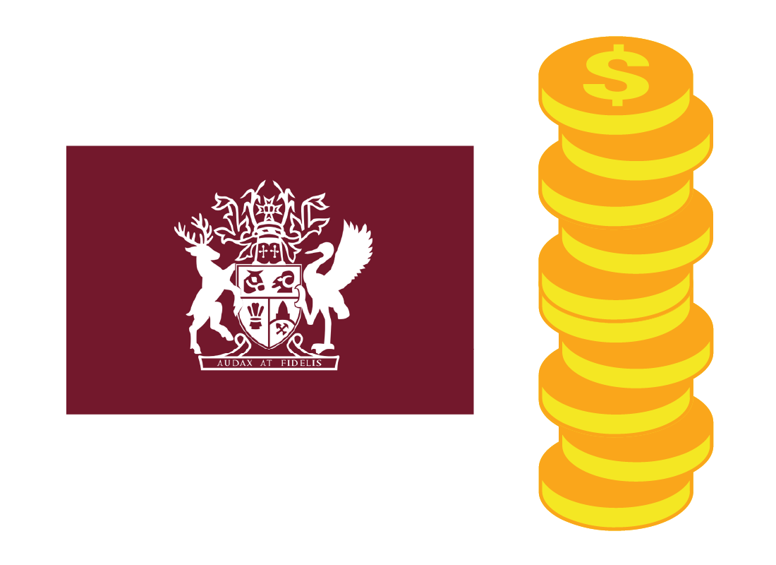 QLD coat of arms with coins next to it