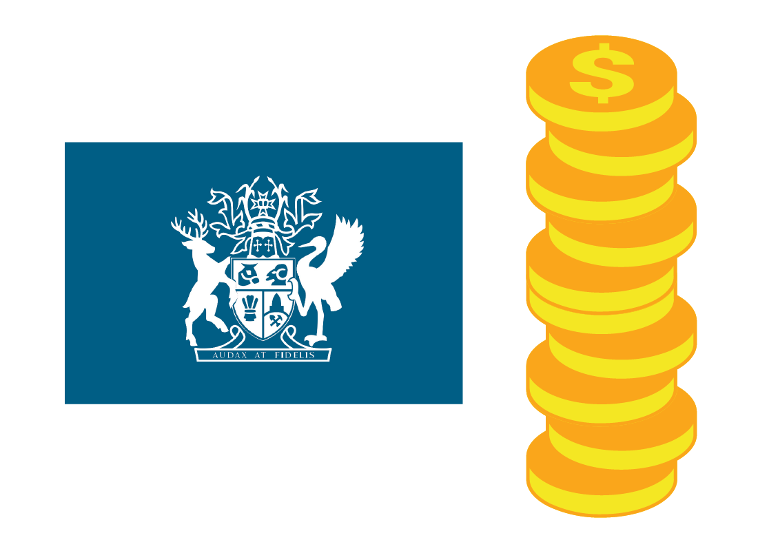 QLD coat of arms with coins next to it