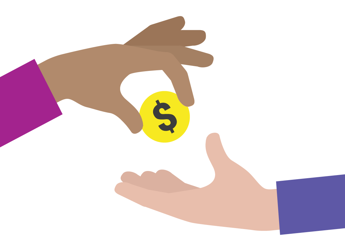 a hand handing a coin to another hand