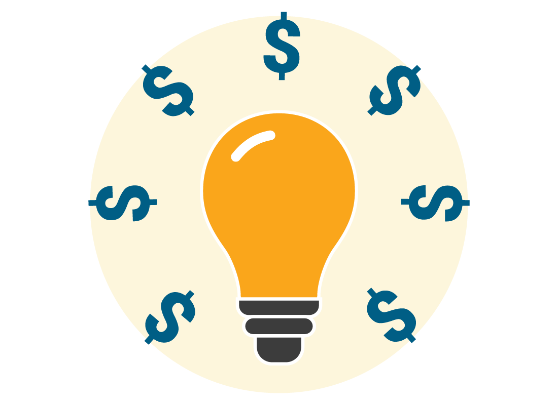 A lightbulb surrounded by dollar signs.