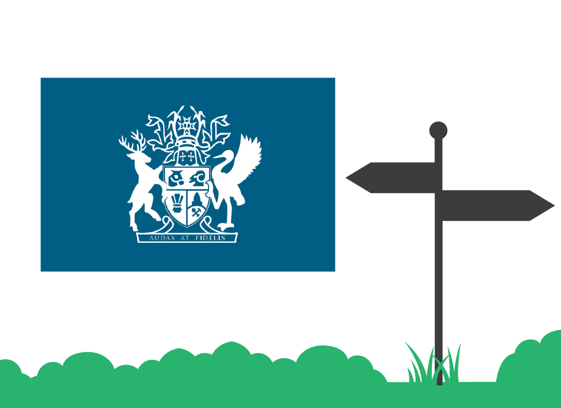 QLD coat of arms and a road sign