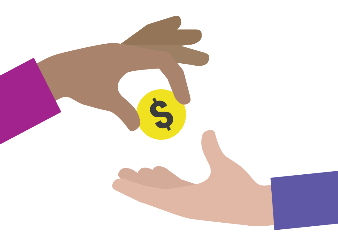 a hand passing a coin to another hand