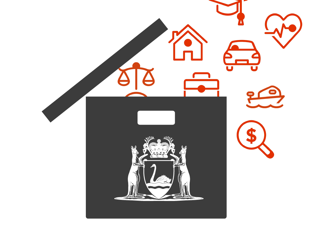 An illustration of a box with the WA government logo on it, filled with icons of essential services