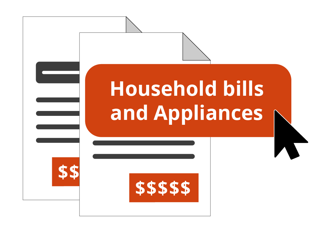 An illustration of a Household bills and Appliances web button on top of some paper bills