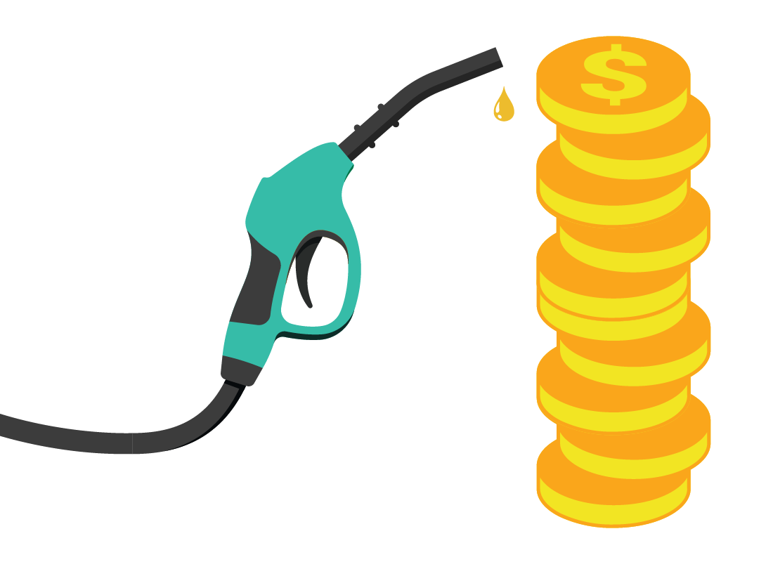 An illustration of a petrol bowser next to a stack of dollar coins