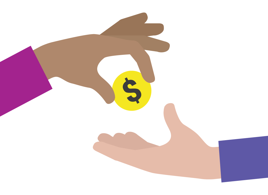 An illustration of a dollar coin being passed between two people.