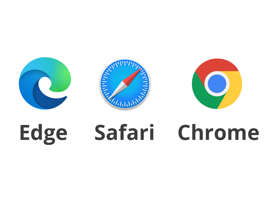 The logos for Microsoft Edge, Apple Safari and Google Chrome