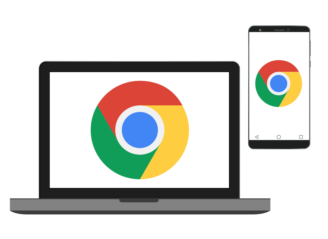 An illustration of a laptop computer and a mobile phone displaying the Chrome logo