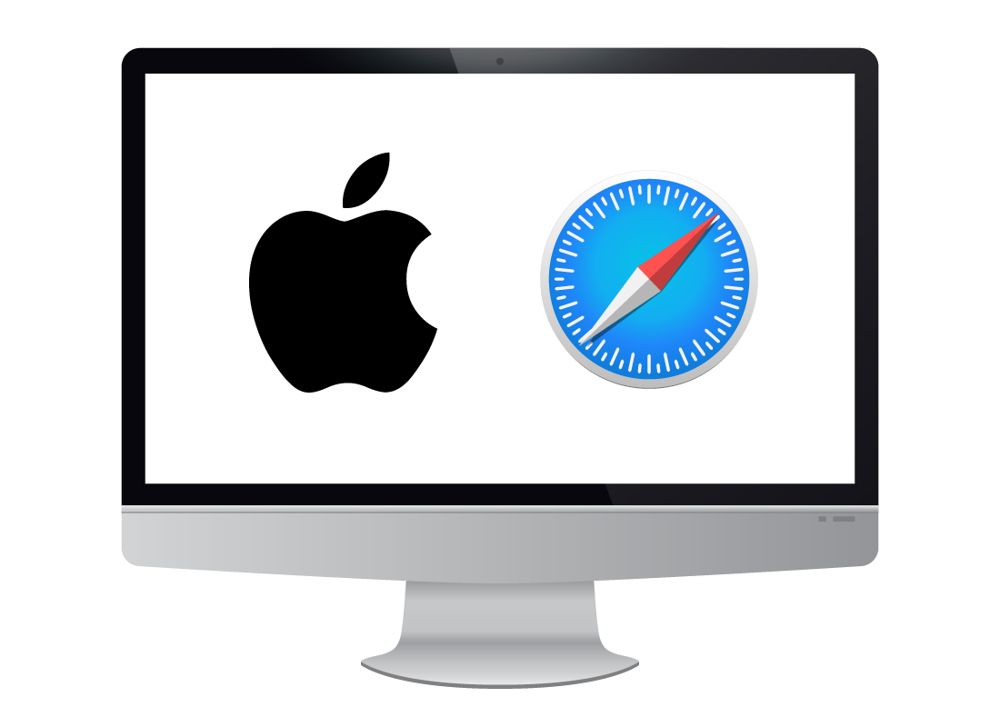 An illustration of a desktop computer displaying the Apple and Safari logos