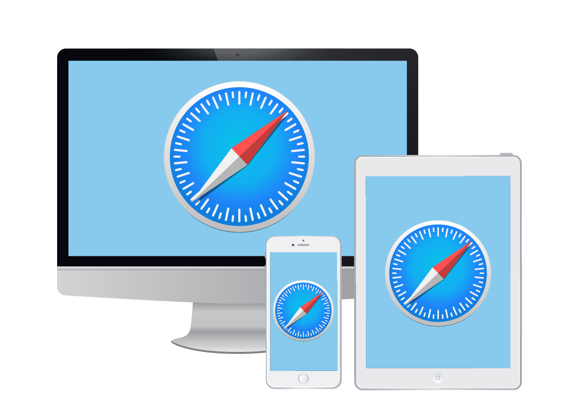 An illustration of a Mac desktop, iPad and iPhone displaying the Safari logo