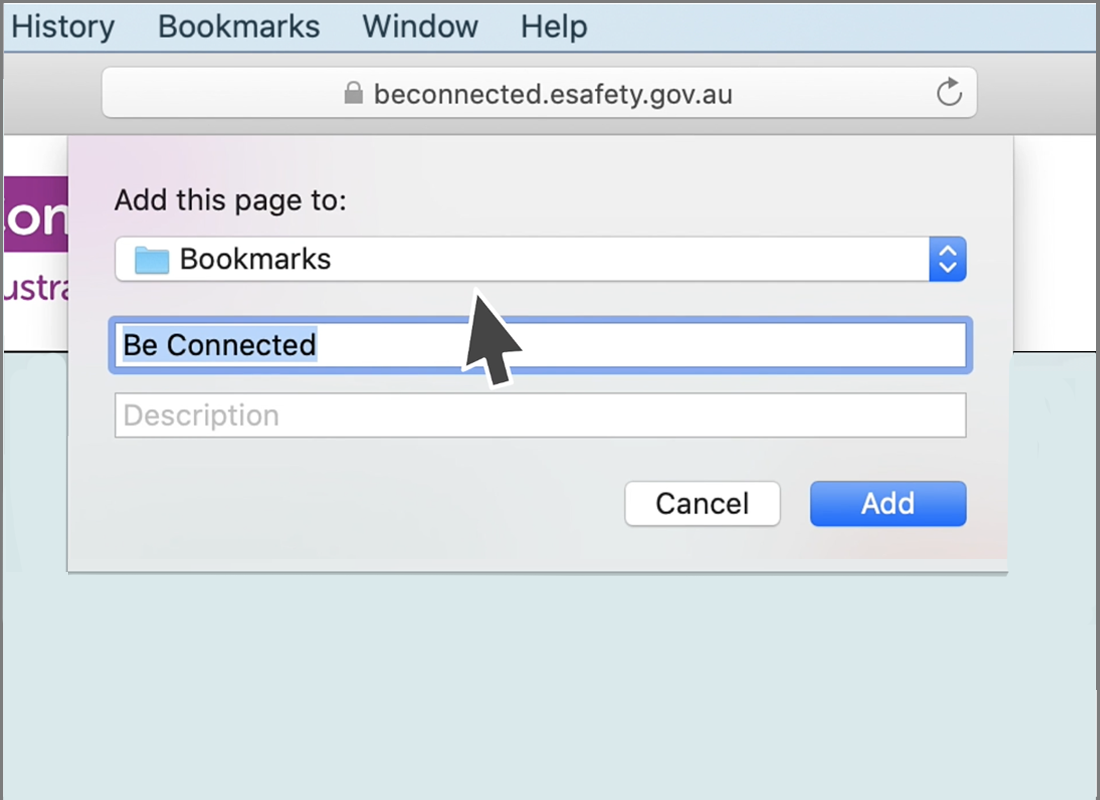 the beconnected.esafety.gov.au site being bookmarked in Safari