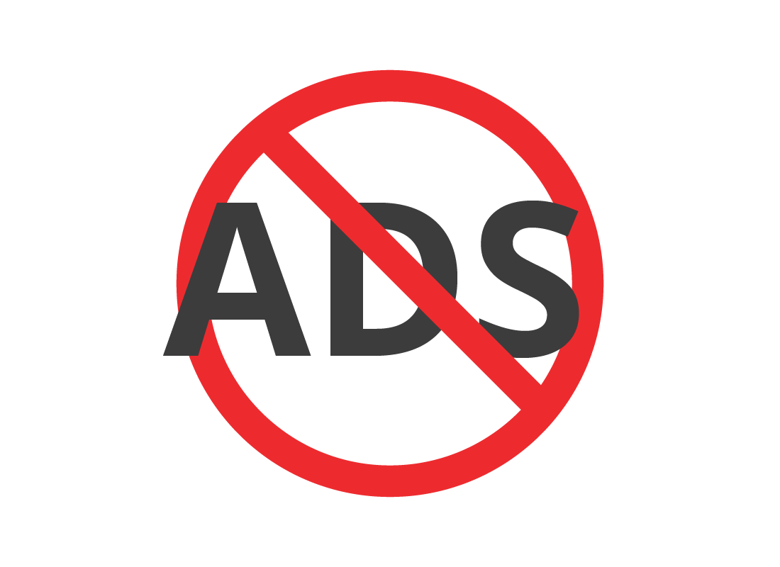 An illustration the word ADS inside a red circle with a red bar through it
