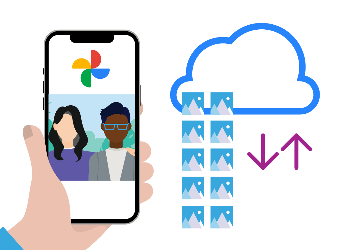 A graphic of photos being uploaded to the cloud from a smartphone