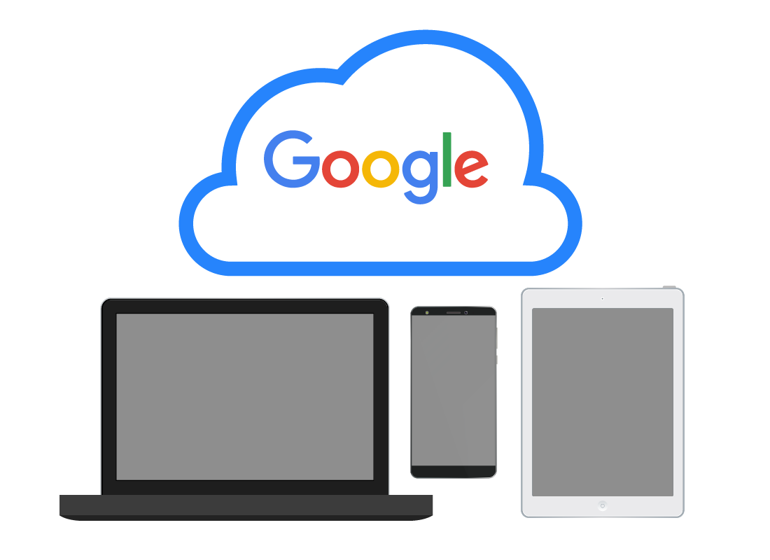 A laptop computer, smartphone and tablet underneath the Google cloud logo